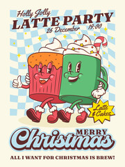 Christmas Groovy Santa Latte and Gingerbread Cake Retro Characters Poster. Cartoon Xmas Comic Illustration Card. Vector Winter Holiday Mascot Template Background. Happy Vintage Cool Drawing Isolated