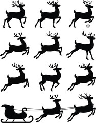 Black reindeer and sleigh silhouettes white
