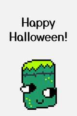 Happy Halloween pixel art with cute zombie character on white background. Retro video game style vector for party flyers, cards, and social graphics.