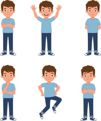 Cartoon boy emotions, character pose grid, expressive illustration set, blue outfit vector, child avatar design, thoughtful gestures, educational asset