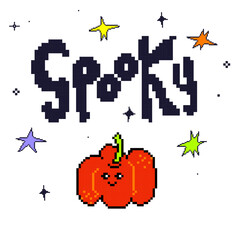 Spooky pixel art Halloween poster with pumpkin and stars on white background. Retro 8bit video game style vector for cards, party flyers, and invitations