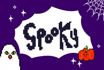 Spooky pixel art Halloween poster with ghost and pumpkin on purple & black background. Retro 8bit video game style vector for cards, invitations, and party flyers.