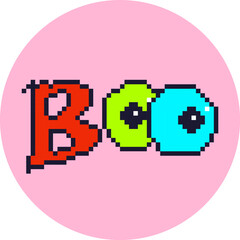 "Boo" pixel art typography stickeron pink circle. Cute 8bit video game style Halloween vector for posters, invitations, and festive party designs.