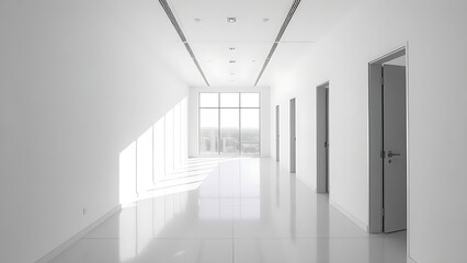 Fototapeta premium Modern white office corridor with large windows and clean lines.