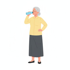 Vector illustration of a grandmother drinking fresh mineral water on a white background
