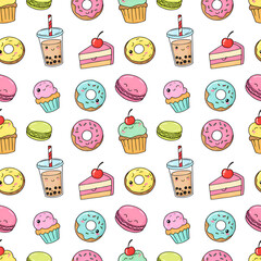 Hand drawn illustration of various desserts and drinks in a seamless pattern.