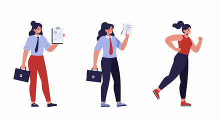 Women balancing professional life and personal well-being, featuring business professionals with documents and an active runner, representing work-life integration.