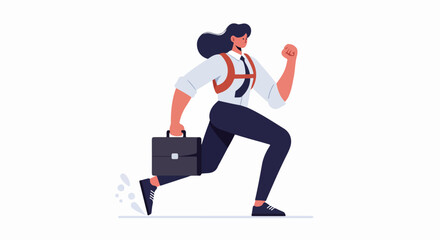 Dynamic businesswoman in business attire and sneakers, running with a briefcase, symbolizing career ambition and an energetic, modern professional lifestyle.