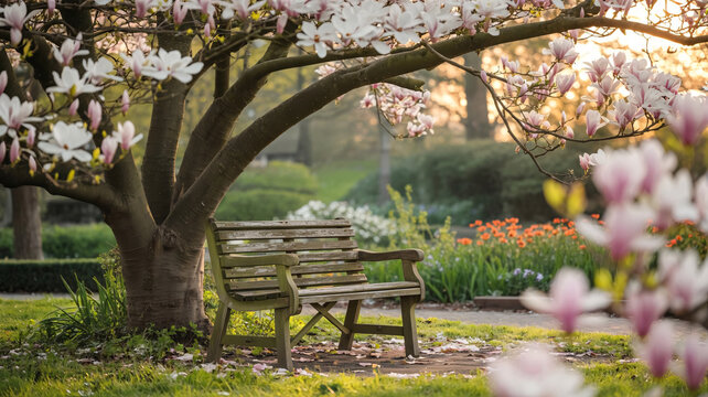Find solace on a park bench under blooming magnolia trees in the golden sunlight