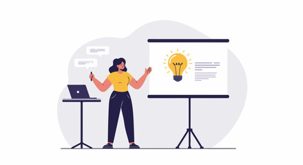 Woman Presenting New Ideas and Business Strategy. This illustration depicts effective communication, innovation, and knowledge sharing in a professional presentation setting.