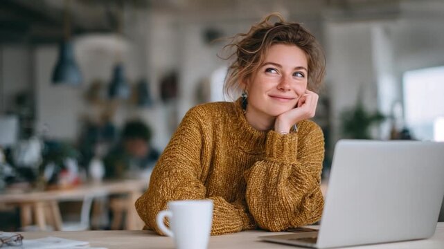Dreamer at Desk: A woman with a thoughtful gaze, leans on her hand while sitting at a desk, a laptop and a cup of coffee near by, envisioning her aspirations, dreams, and creative future.