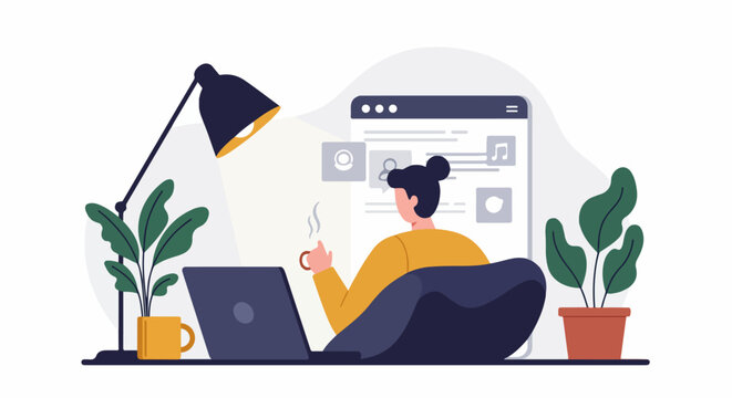 Woman working or relaxing online with laptop and coffee in a comfortable home office setting surrounded by plants, flat illustration.