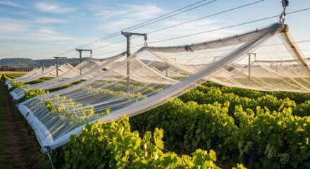 Medium shot capturing a retractable netting system being deployed over a vineyard enabling flexible protection from birds while allowing sunlight and airflow.