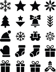 Christmas icons snowflake star tree bell stocking gift holly