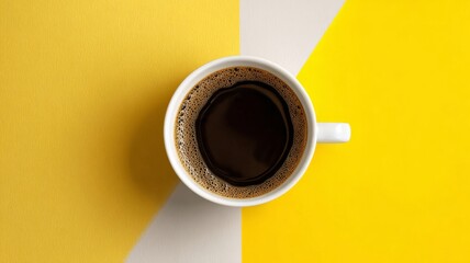 Top view of hot coffee cup placed on modern yellow and white background, minimal breakfast concept with warm tones, cozy morning vibes, caffeine energy and relaxation theme for cafe, lifestyle, and be