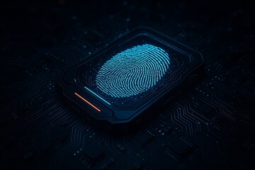 Digital fingerprint scanner with glowing blue biometric data on circuit board technology