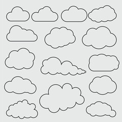 Set of cloud outlines. Simple cloud shapes, black outlines. Minimalist cloud design, varied cloud forms. Perfect for cloud-themed projects. Weather illustration, vector set.