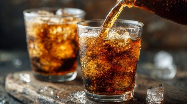 Two glasses being filled with fizzy cola soft drink, refreshing soda beverage with bubbles pouring into clear glass, close-up of carbonated drink on table - Powered by Adobe