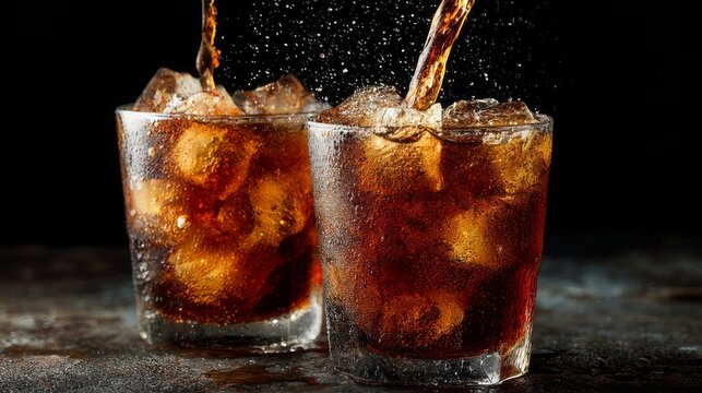 Two glasses being filled with fizzy cola soft drink, refreshing soda beverage with bubbles pouring into clear glass, close-up of carbonated drink on table