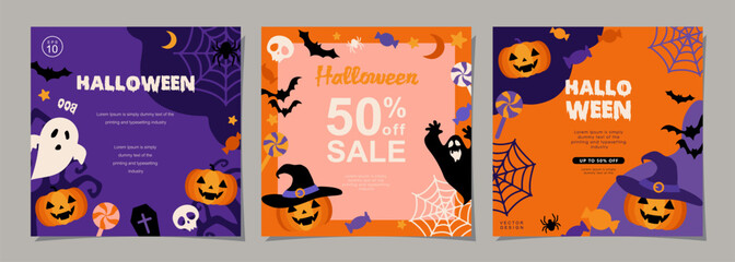 Halloween banners set, party invitation background with clouds, bats and pumpkins in flat design for sale banner, cover, poster, printing and social media post. Vector illustration.