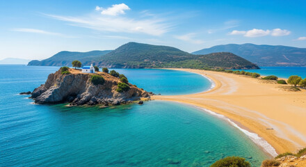 Obraz premium Exotic Beach Island with Small Church and Azure Waters