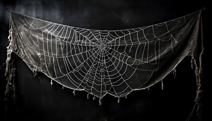 Spider web. Halloween. Intricate spider web stretched across dark backdrop, showcasing delicate patterns and textures, enhancing spooky ambiance ideal for Halloween decorations or themed events