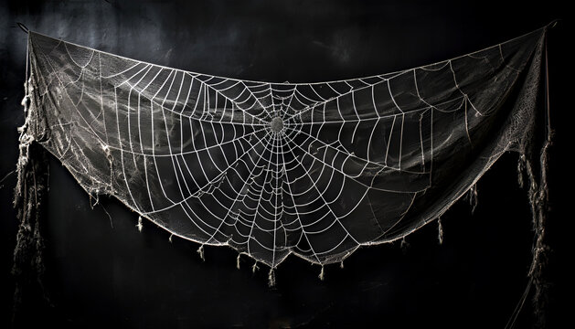 Spider web. Halloween. Intricate spider web stretched across dark backdrop, showcasing delicate patterns and textures, enhancing spooky ambiance ideal for Halloween decorations or themed events
