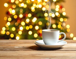 Obraz premium A warm cup of coffee with a glowing Christmas tree background