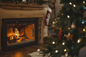 A cozy Christmas scene featuring a decorated tree, presents, and a warm fireplace, creating a festive and inviting atmosphere.