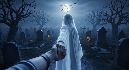 POV of a creepy ghost pulling a live viewer by the hand to an old, dilapidated, abandoned cemetery at night. Halloween spooky scene with full moon, bats, jack o'lantern, and scary trees.
