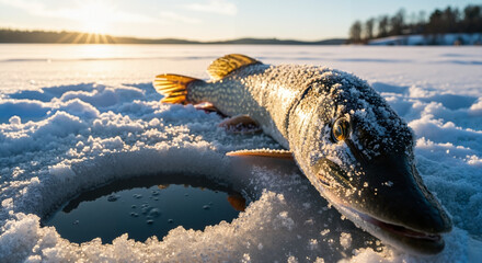 Freshly caught pike fish lying on snow by an ice fishing hole during winter sunset. Winter sport hobby and nature concept.