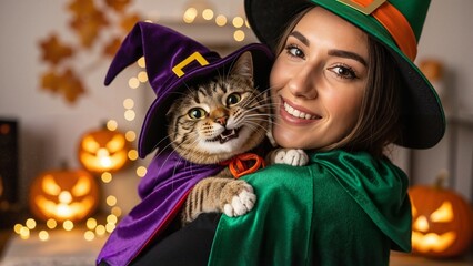 Woman holding a cat dressed as a witch for Halloween, showcasing holiday spirit and pet companionship.