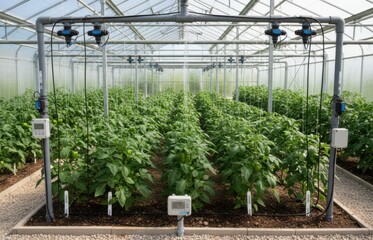Medium shot of a drip irrigation system installed in a greenhouse showcasing automated valves regulating water flow based on soil moisture levels for optimal plant hydration.