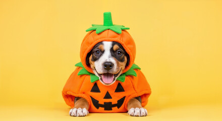 Cute puppy dressed in a funny pumpkin Halloween costume with a joyful expression. The concept of an adorable pet ready for trick or treat.