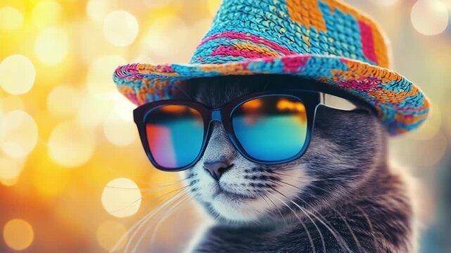 Stylish Cat in Sunglasses and Hat Discover a Trendy Pet Look designed for those who appreciate the unique charm and personality of pets, especially cats who strut their stuff with cheeky adorableness