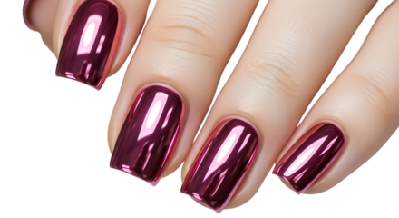 Woman's hand with metallic dark pink chrome fingernail polish isolated PNG with Transparent Background