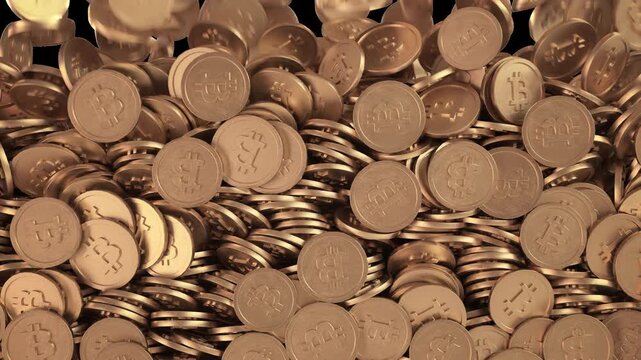 Falling golden Bitcoin coins create a full-screen transition. 4K ProRes 4444 with a built-in alpha channel for perfect transparency. Ideal for finance and crypto topics.