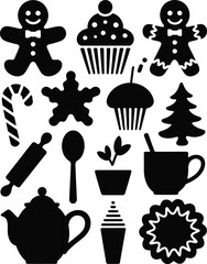 Holiday baking and beverage icons gingerbread man cupcake