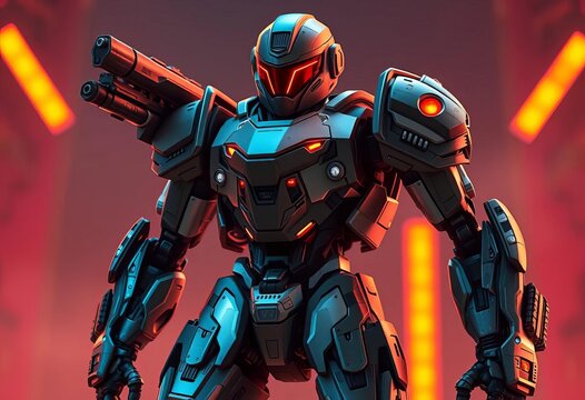 Sleek, armored robot; advanced weaponry, futuristic design, autonomous, robotics