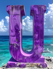 Large purple letter "U" on a rock overlooking the sea