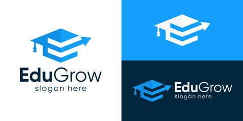 Creative simple edu grow logo template. Abstract graduation hat with arrow right logo design vector illustration.