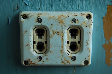 Old rusty double electrical outlet on a peeling blue wall high resolution photo