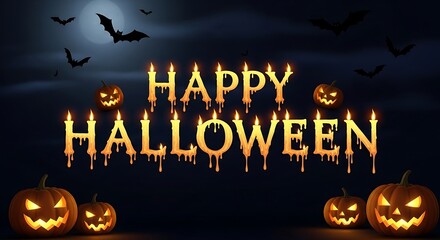 Spooky halloween night scene with jack o lanterns and bats