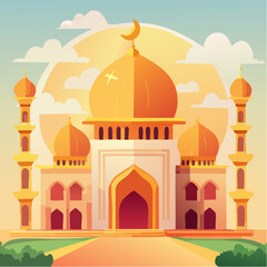 Mosque architecture with sunny sky and minarets