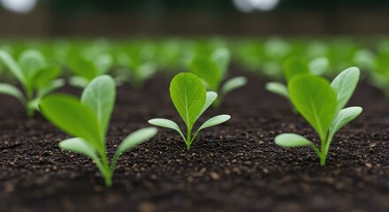 Vibrant young green seedlings emerge from rich soil, symbolizing growth and new beginnings in a sustainable agriculture setting