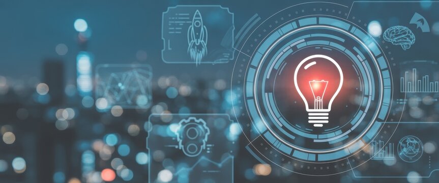 Illumination of Innovation: A vivid illustration of a luminous light bulb symbolizes the spark of creativity and inventive solutions, set against the futuristic backdrop of a bustling cityscape.