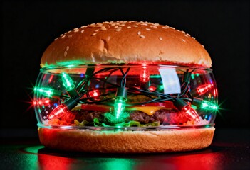 Christmas-themed snow globe burger with festive lights