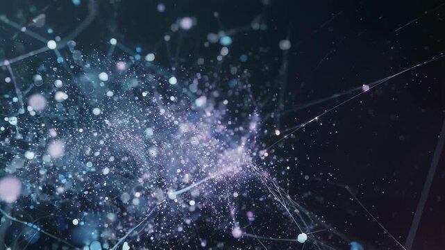 Abstract rendering of a network of connections with glowing dots and lines in blue and purple