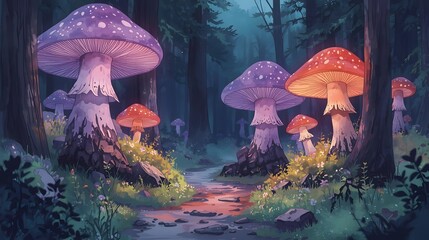 Enchanted mushrooms glow softly in a whimsical forest scene, a magical escape into natures realm.