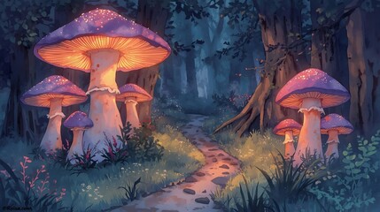 Mystical Mushroom Grove A whimsical forest scene with glowing fungi, path and shadowy trees creates dreamlike ambience.